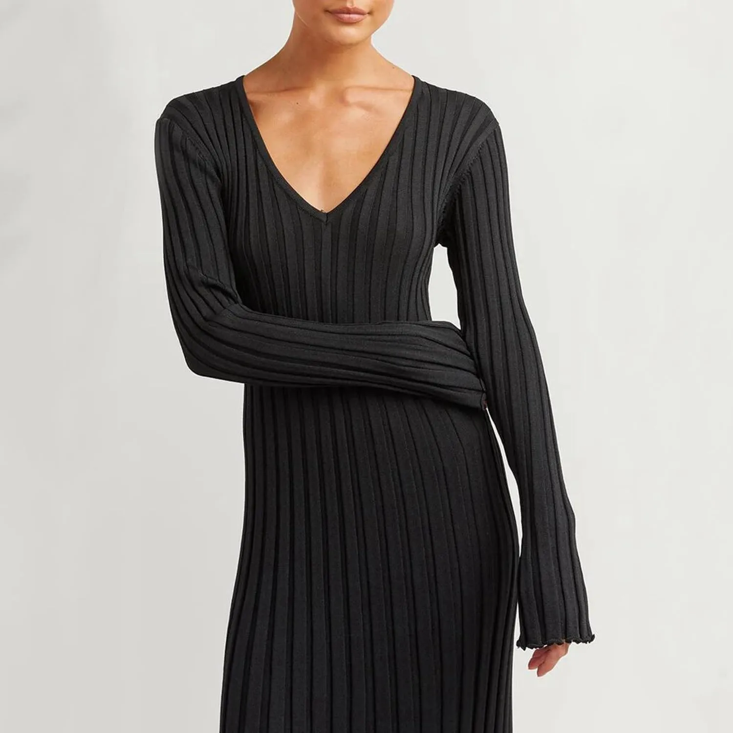 Winter Maxi Sweater Dress Long Sleeve Ribbed Knit Bodycon Sweater Dress for Women V-Neck Midi Wrap Long Dresses