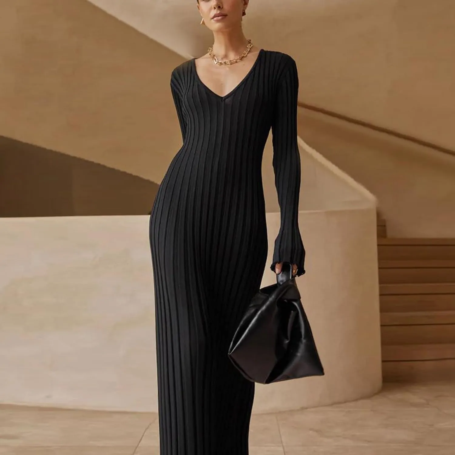 Winter Maxi Sweater Dress Long Sleeve Ribbed Knit Bodycon Sweater Dress for Women V-Neck Midi Wrap Long Dresses