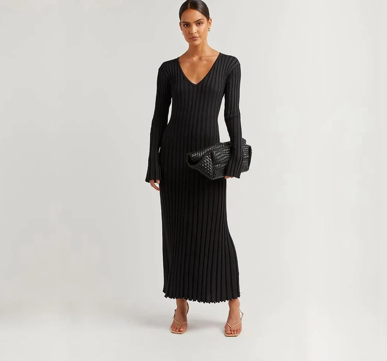Winter Maxi Sweater Dress Long Sleeve Ribbed Knit Bodycon Sweater Dress for Women V-Neck Midi Wrap Long Dresses