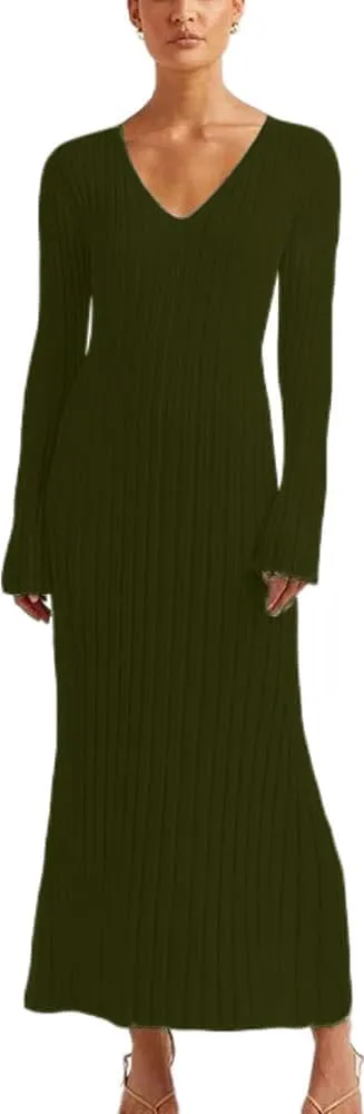 Winter Maxi Sweater Dress Long Sleeve Ribbed Knit Bodycon Sweater Dress for Women V-Neck Midi Wrap Long Dresses