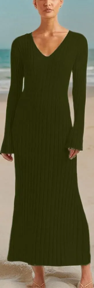 Winter Maxi Sweater Dress Long Sleeve Ribbed Knit Bodycon Sweater Dress for Women V-Neck Midi Wrap Long Dresses