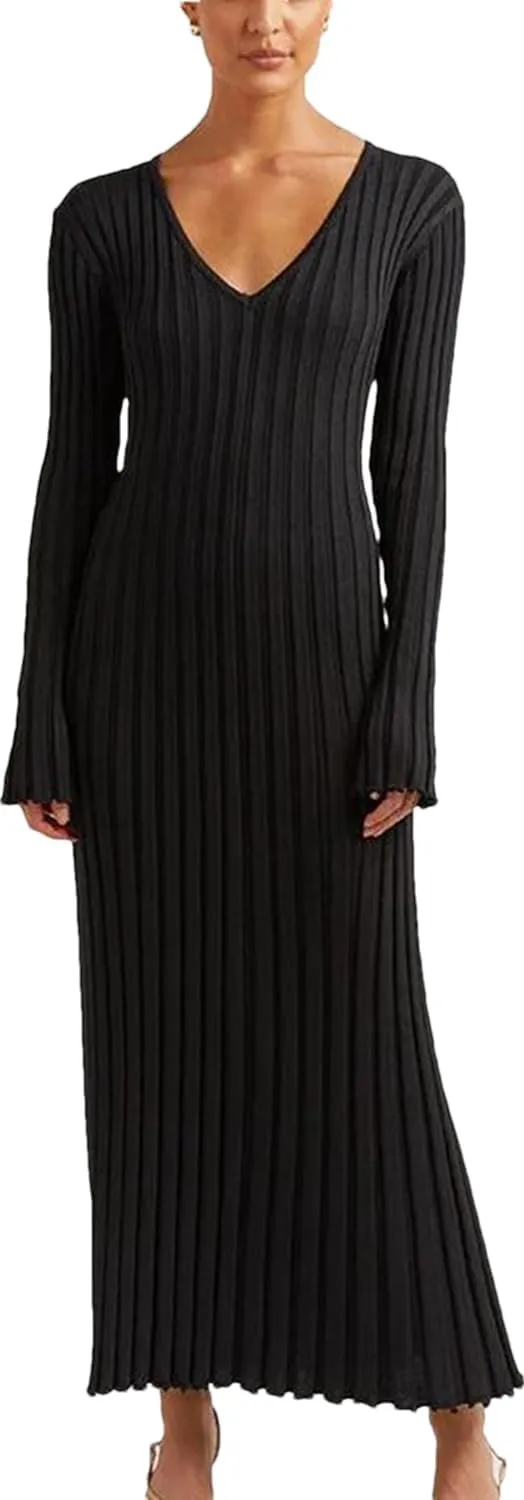 Winter Maxi Sweater Dress Long Sleeve Ribbed Knit Bodycon Sweater Dress for Women V-Neck Midi Wrap Long Dresses