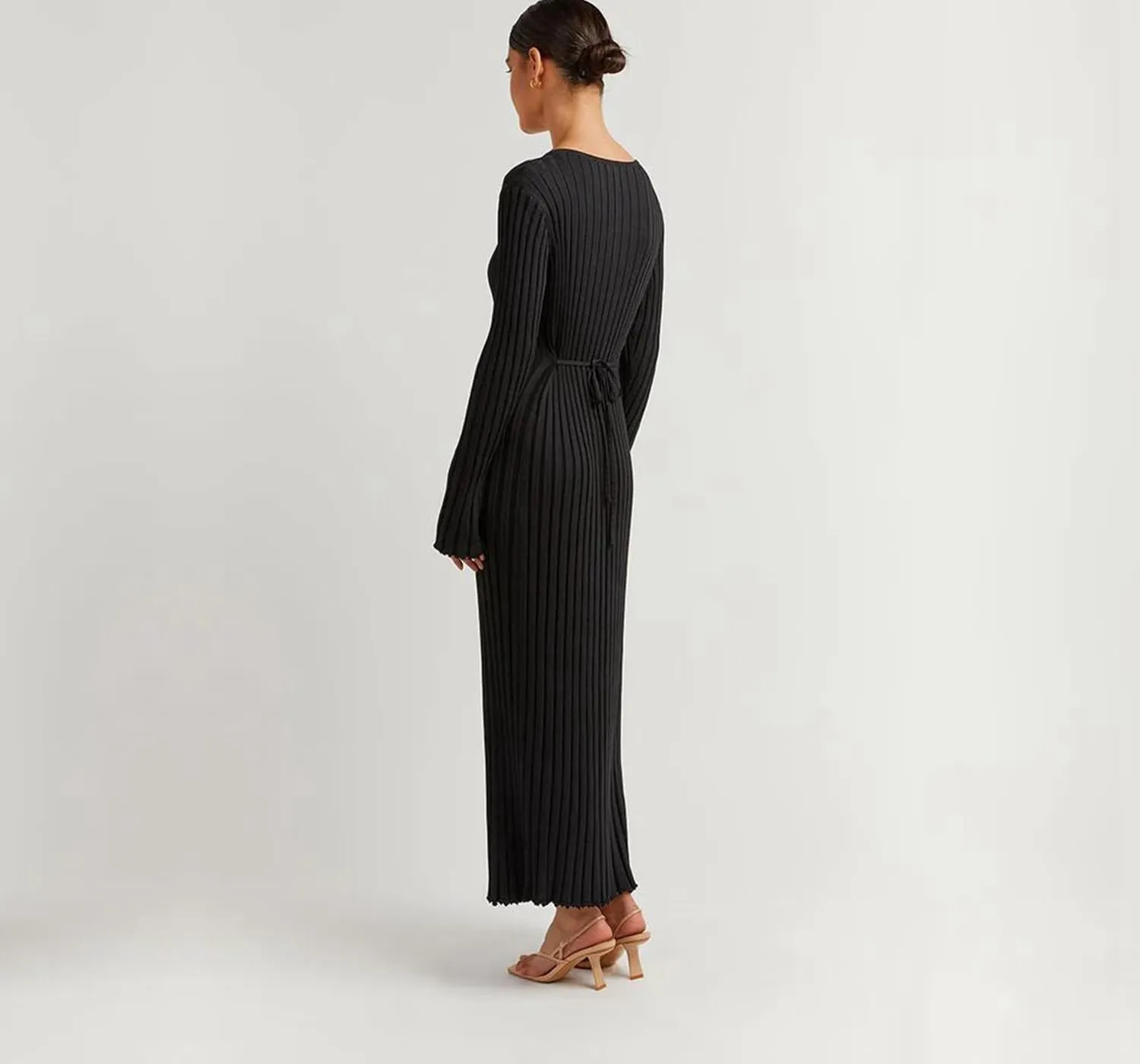 Winter Maxi Sweater Dress Long Sleeve Ribbed Knit Bodycon Sweater Dress for Women V-Neck Midi Wrap Long Dresses