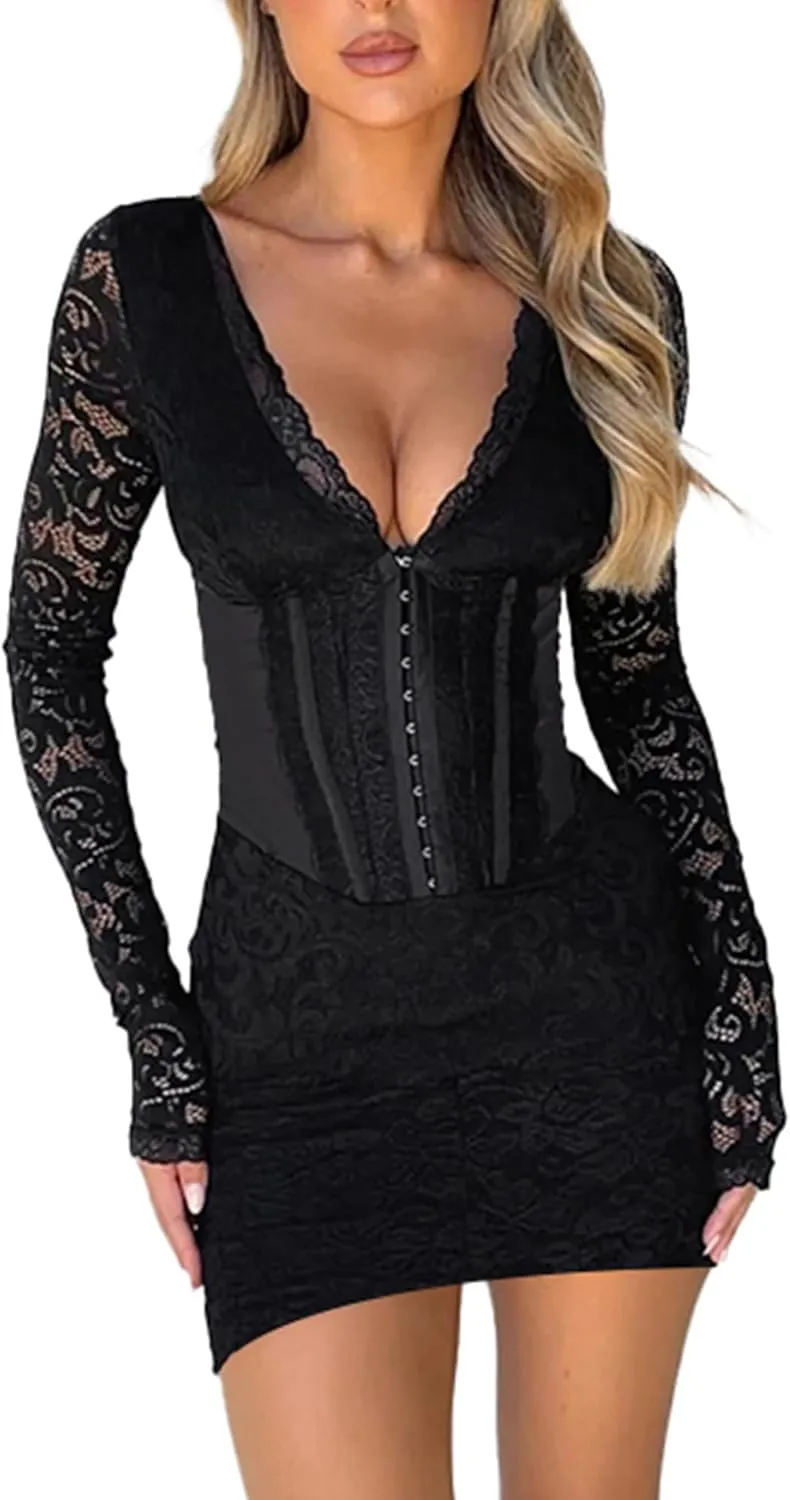 Women Bodycon Dress Elegant Lace Long Sleeve V Neck Slim Fit Short Dress Corset Stitching Mini Dress Clubwear