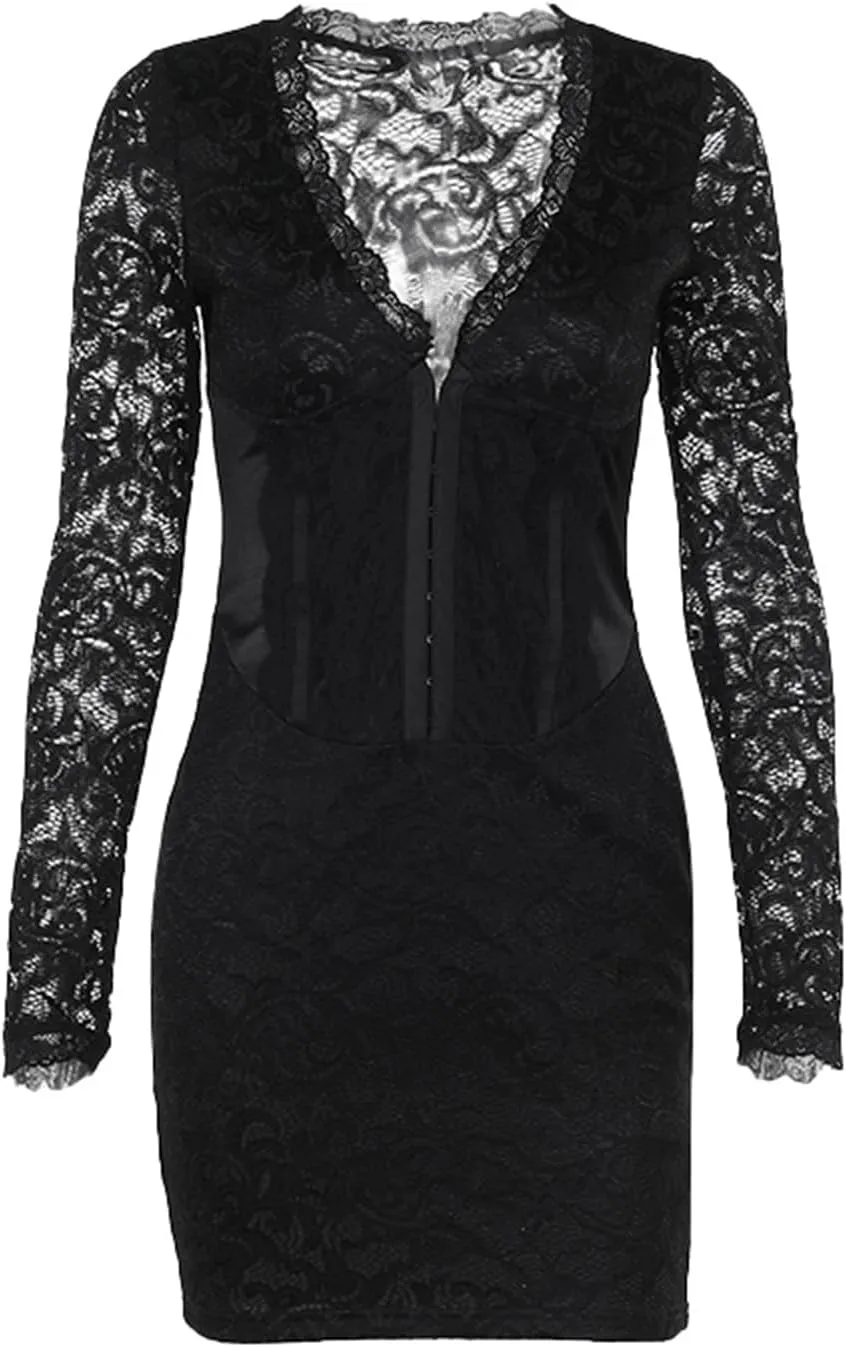 Women Bodycon Dress Elegant Lace Long Sleeve V Neck Slim Fit Short Dress Corset Stitching Mini Dress Clubwear