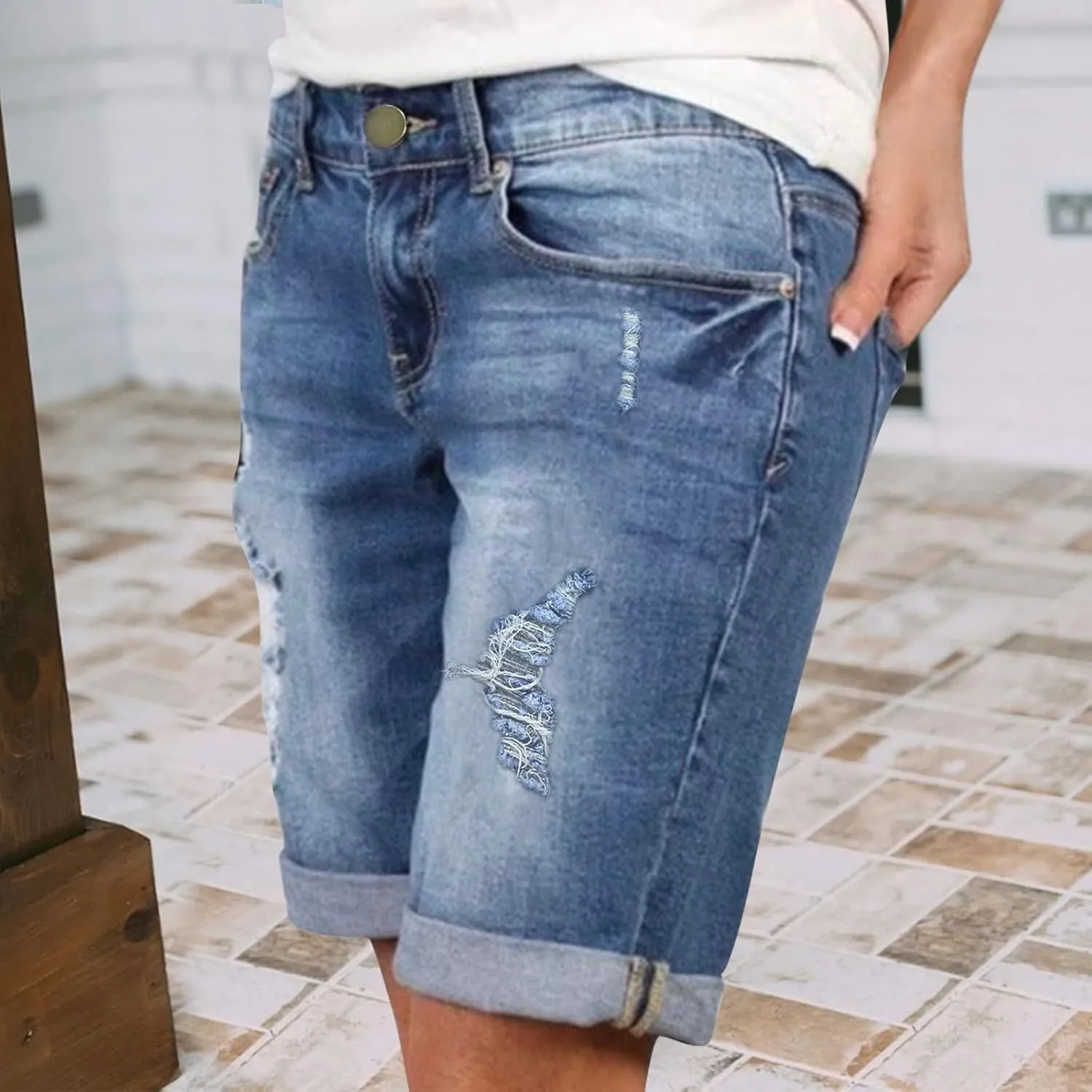 Women Casual High Waisted Denim Shorts Frayed Raw Hem Ripped Jeans Shorts Distressed Sexy Mini Denim Shorts Bermuda Shorts