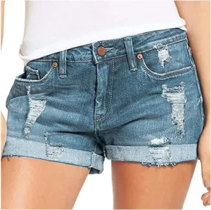 Women Casual High Waisted Denim Shorts Frayed Raw Hem Ripped Jeans Shorts Distressed Sexy Mini Denim Shorts Bermuda Shorts