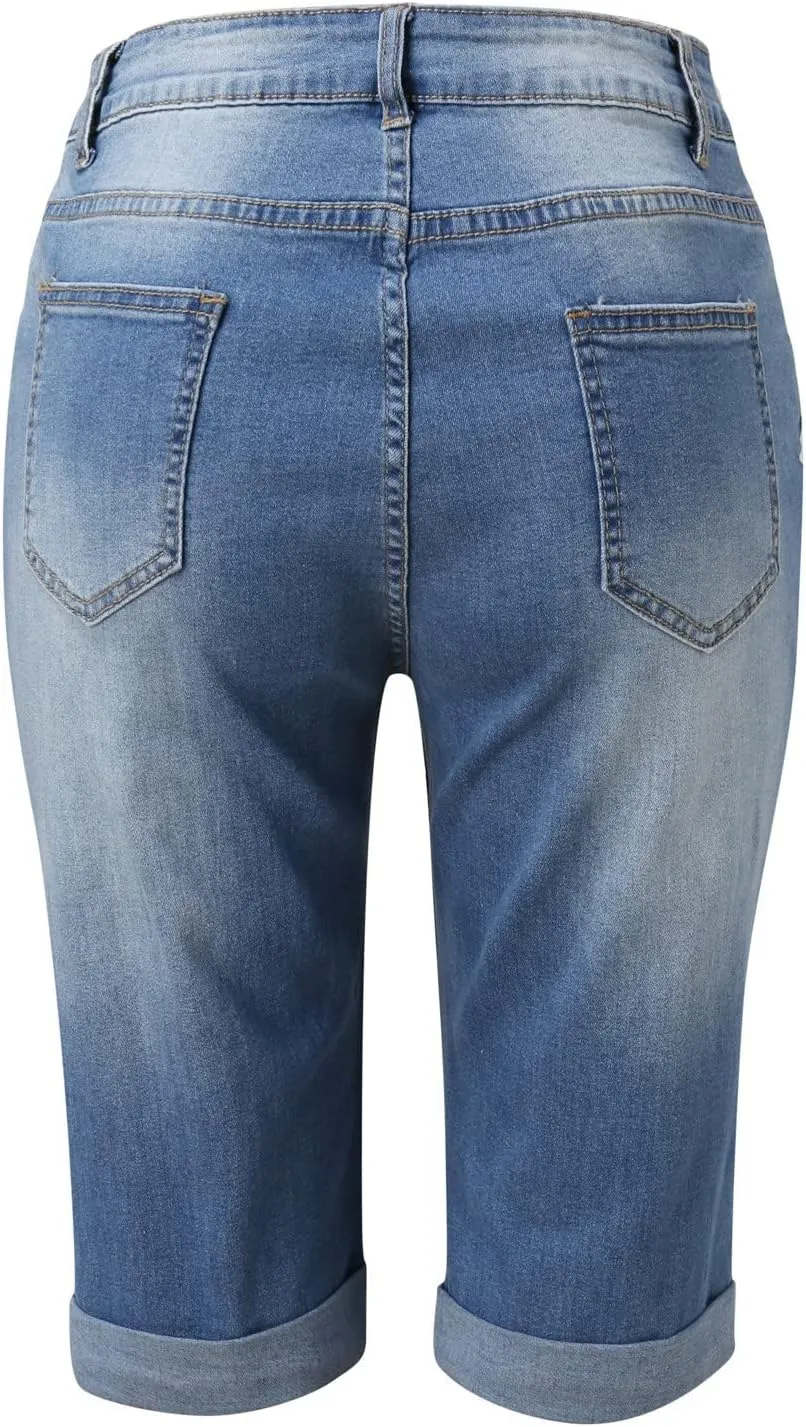 Women Casual High Waisted Denim Shorts Frayed Raw Hem Ripped Jeans Shorts Distressed Sexy Mini Denim Shorts Bermuda Shorts