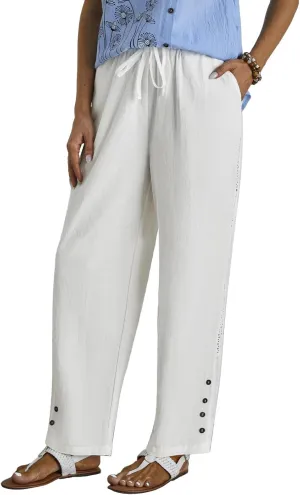 Women Casual Pants Linen Loose Fit Wide Leg Trousers Elastic High Waist Straight Leg Pants with Button Lace Decor