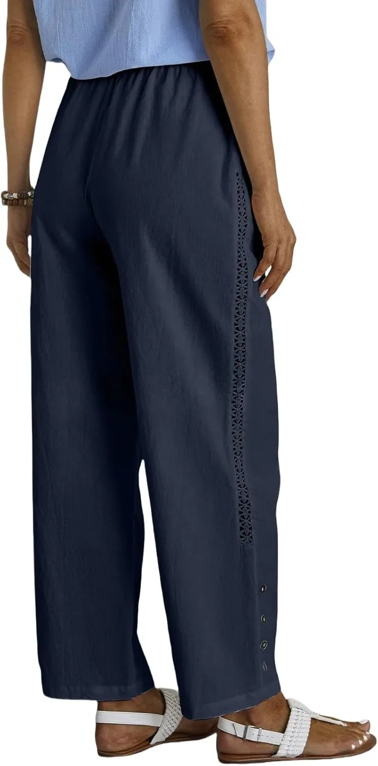 Women Casual Pants Linen Loose Fit Wide Leg Trousers Elastic High Waist Straight Leg Pants with Button Lace Decor