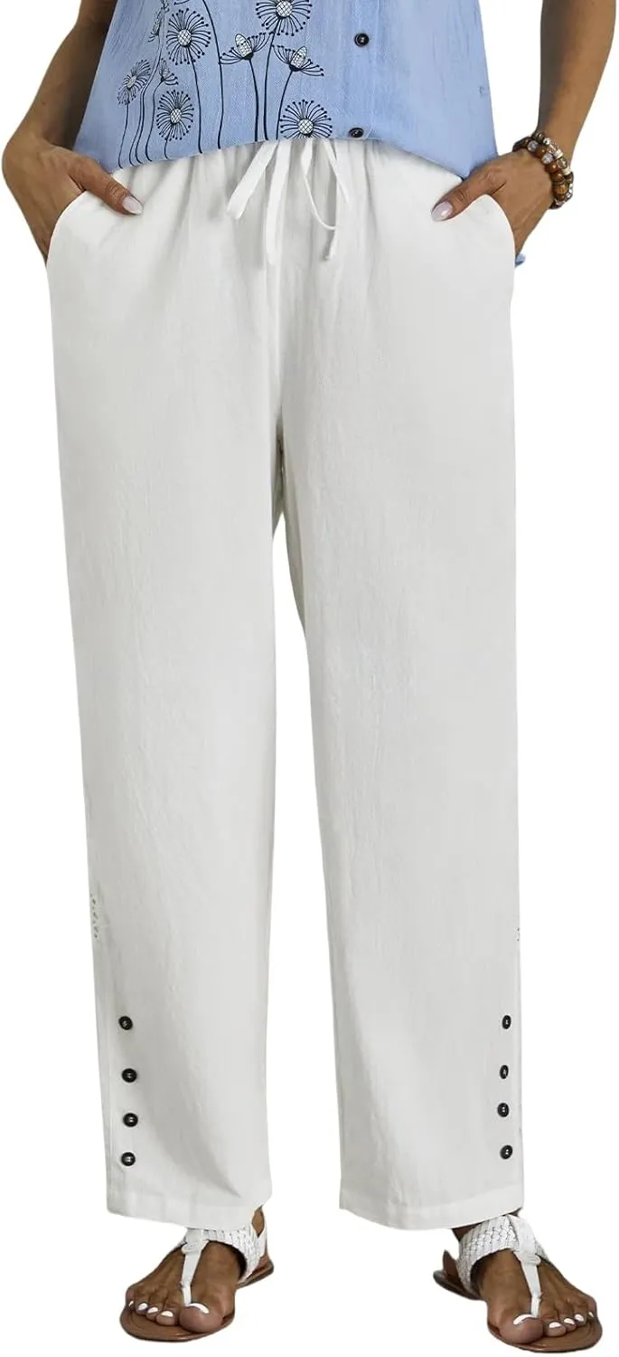 Women Casual Pants Linen Loose Fit Wide Leg Trousers Elastic High Waist Straight Leg Pants with Button Lace Decor