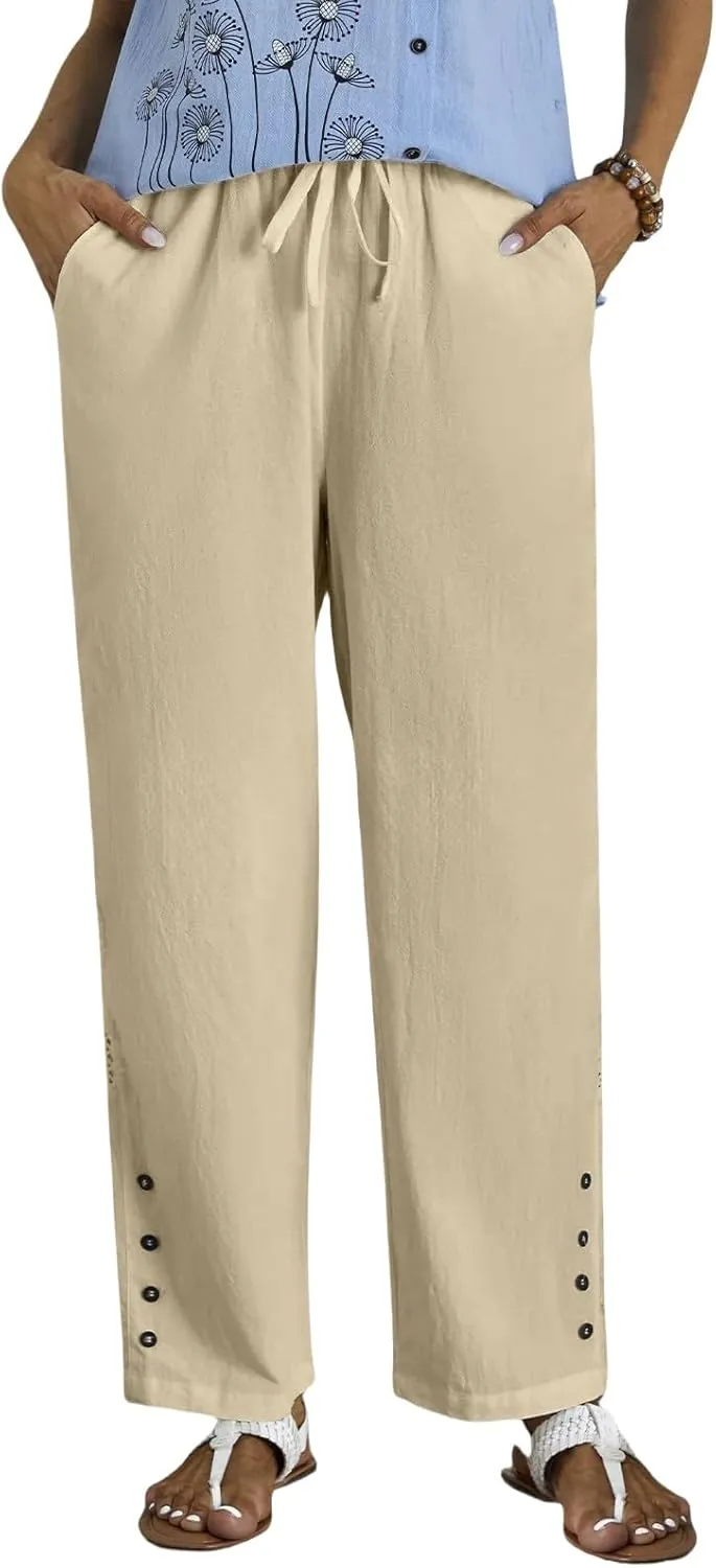 Women Casual Pants Linen Loose Fit Wide Leg Trousers Elastic High Waist Straight Leg Pants with Button Lace Decor