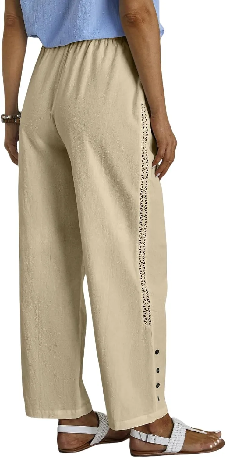 Women Casual Pants Linen Loose Fit Wide Leg Trousers Elastic High Waist Straight Leg Pants with Button Lace Decor