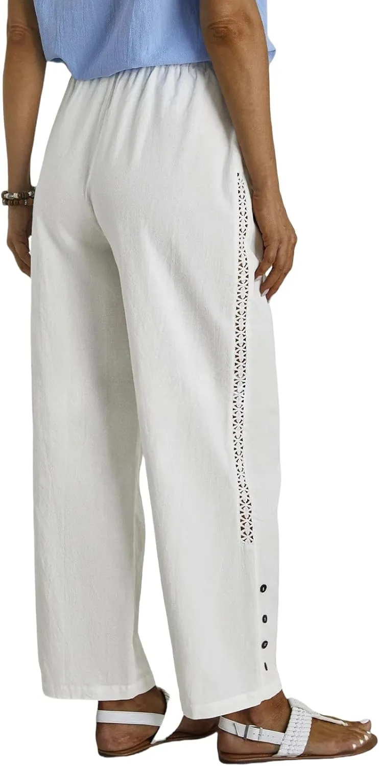 Women Casual Pants Linen Loose Fit Wide Leg Trousers Elastic High Waist Straight Leg Pants with Button Lace Decor
