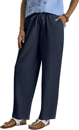 Women Casual Pants Linen Loose Fit Wide Leg Trousers Elastic High Waist Straight Leg Pants with Button Lace Decor