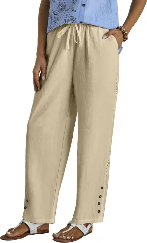 Women Casual Pants Linen Loose Fit Wide Leg Trousers Elastic High Waist Straight Leg Pants with Button Lace Decor