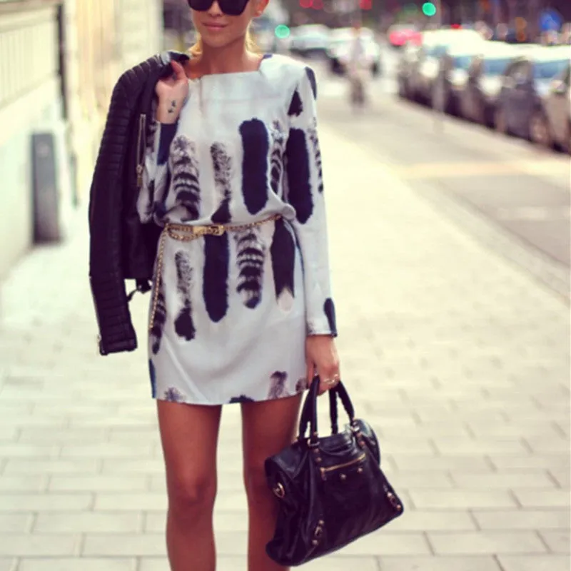 Women Cat Tail Print Vestidos Long Sleeve Backless Dress