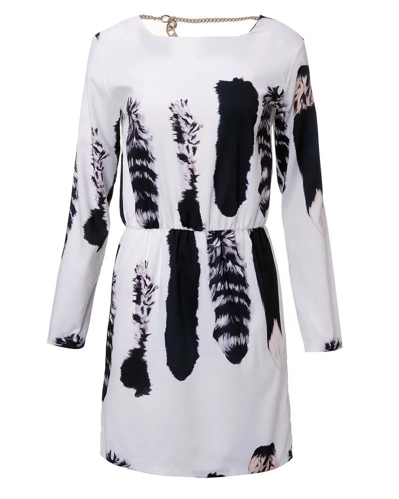 Women Cat Tail Print Vestidos Long Sleeve Backless Dress