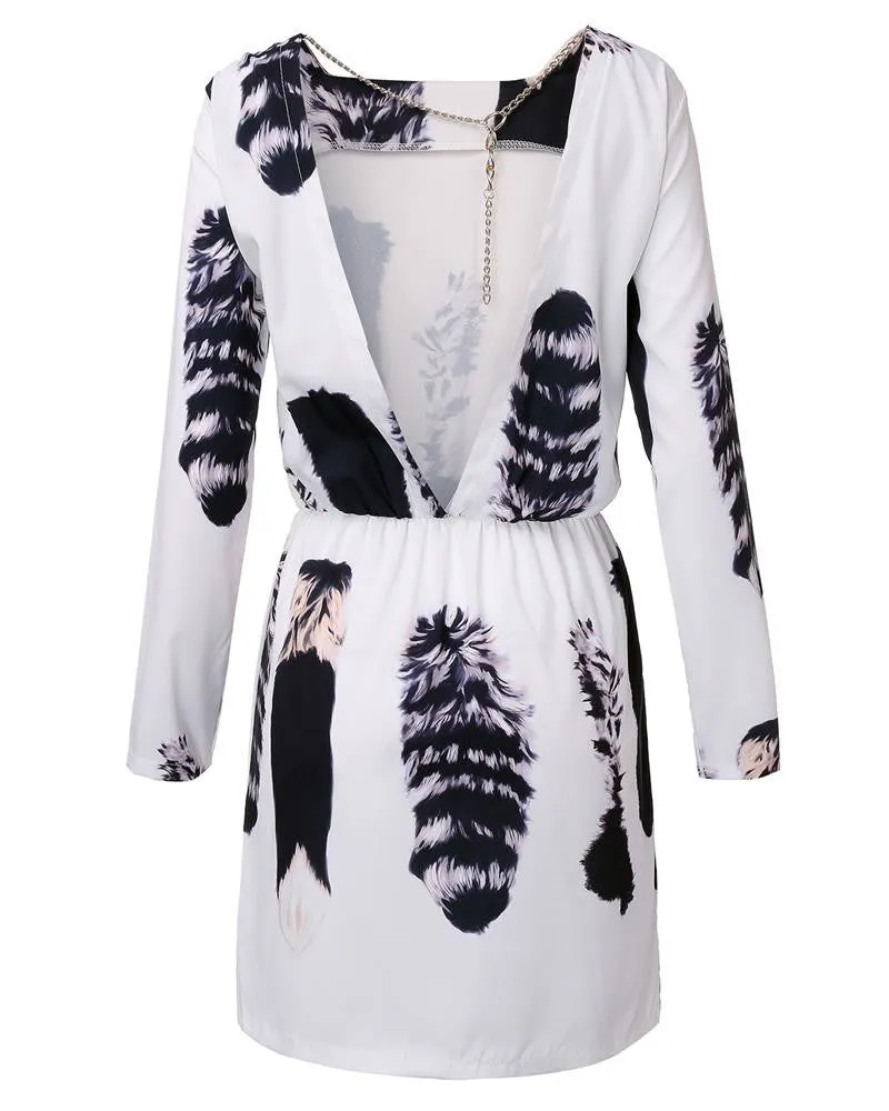Women Cat Tail Print Vestidos Long Sleeve Backless Dress