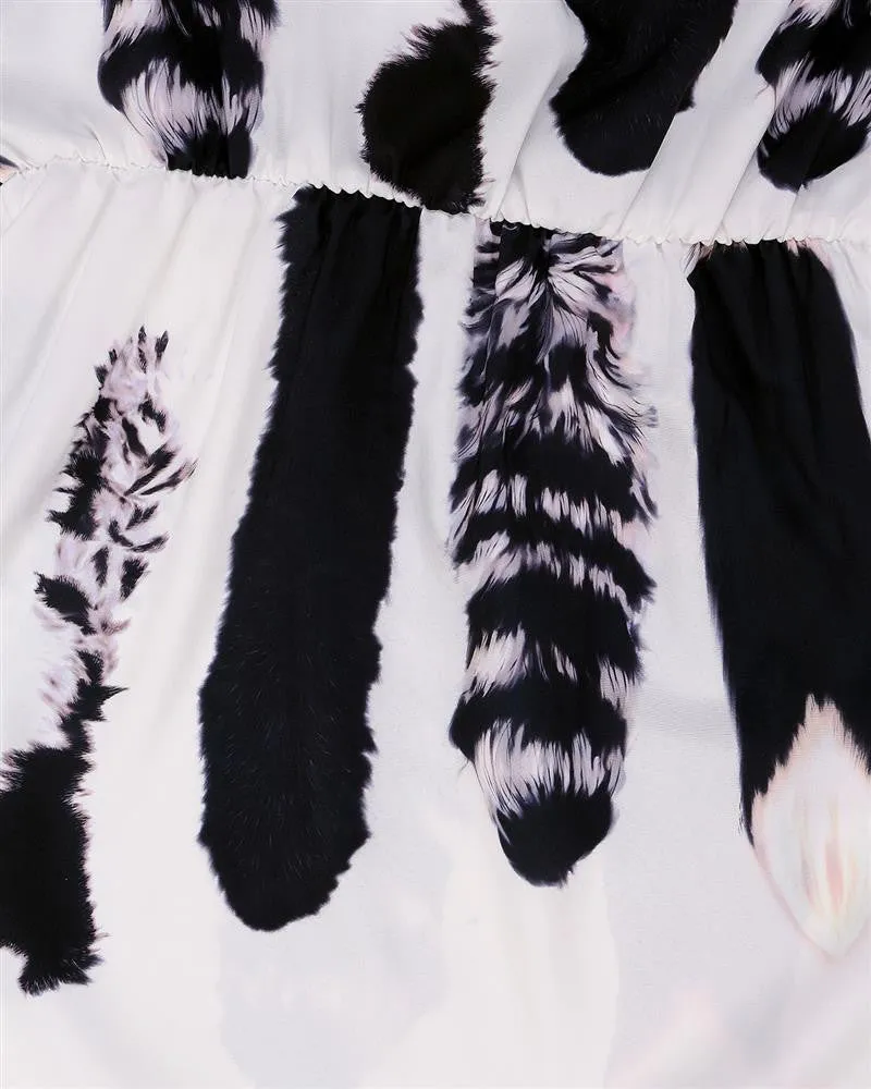 Women Cat Tail Print Vestidos Long Sleeve Backless Dress