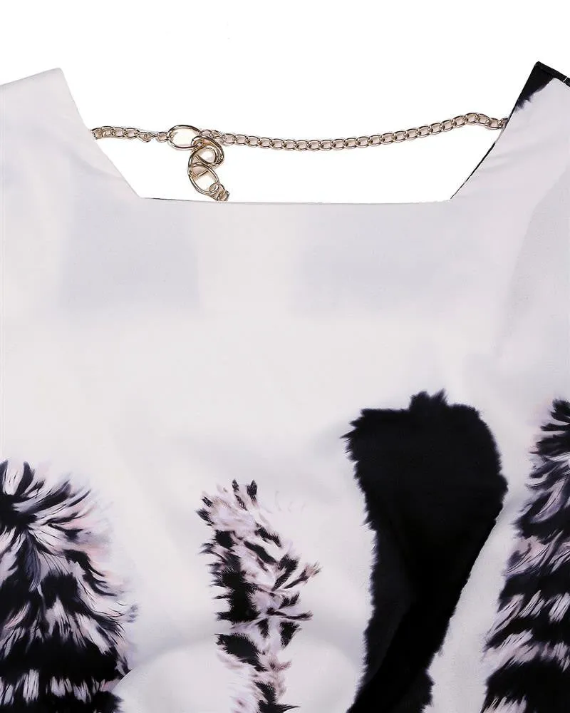 Women Cat Tail Print Vestidos Long Sleeve Backless Dress