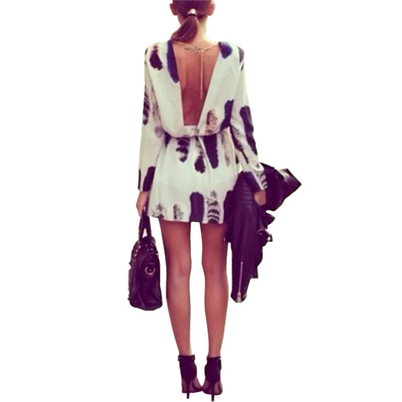 Women Cat Tail Print Vestidos Long Sleeve Backless Dress