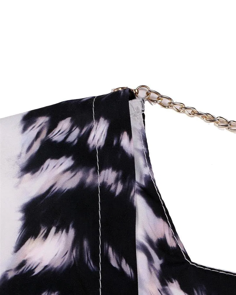 Women Cat Tail Print Vestidos Long Sleeve Backless Dress