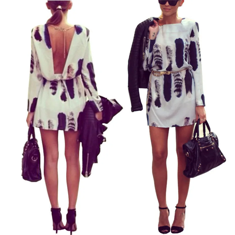 Women Cat Tail Print Vestidos Long Sleeve Backless Dress