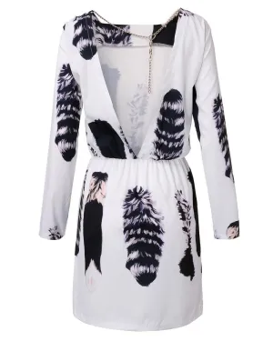 Women Cat Tail Print Vestidos Long Sleeve Backless Dress