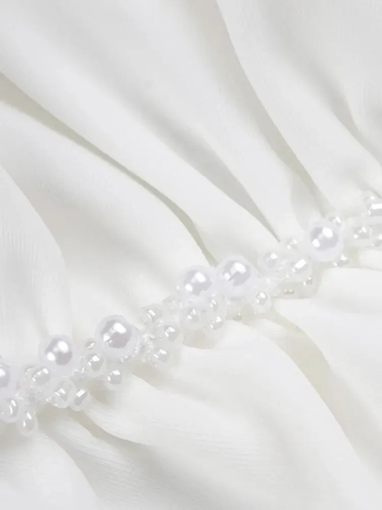 Women Celebrity Sexy Single Sleeve Ruched White Pearl Maxi Long Skirt Bandage Set 2024 Elegant Evening Club Party Outfits