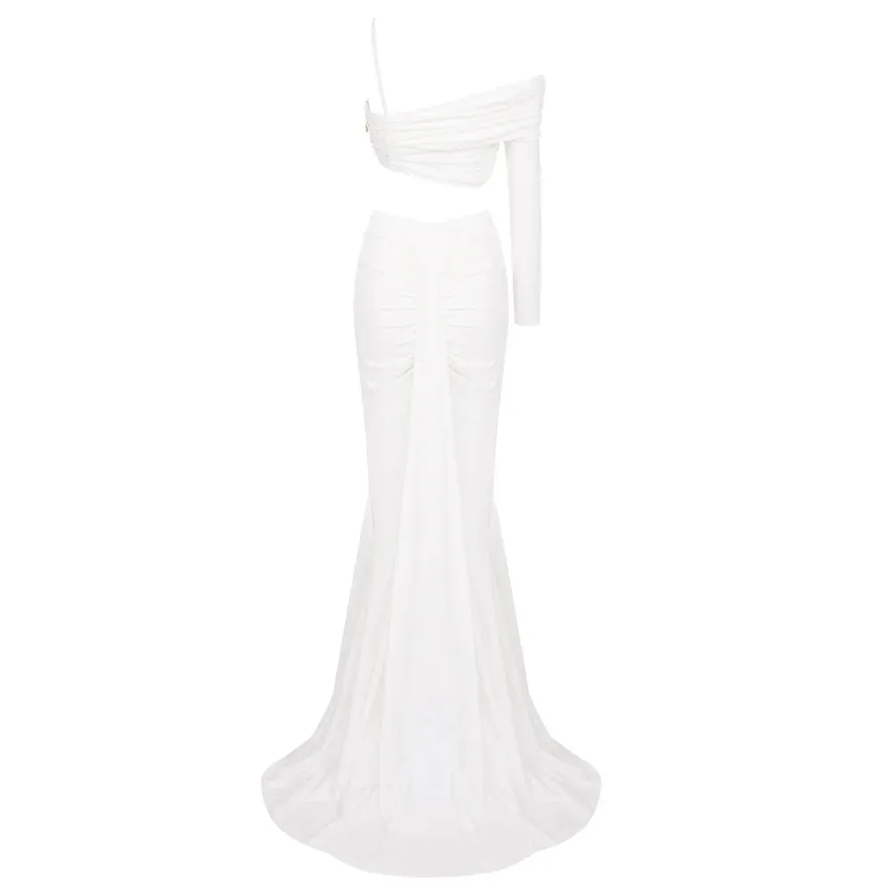 Women Celebrity Sexy Single Sleeve Ruched White Pearl Maxi Long Skirt Bandage Set 2024 Elegant Evening Club Party Outfits
