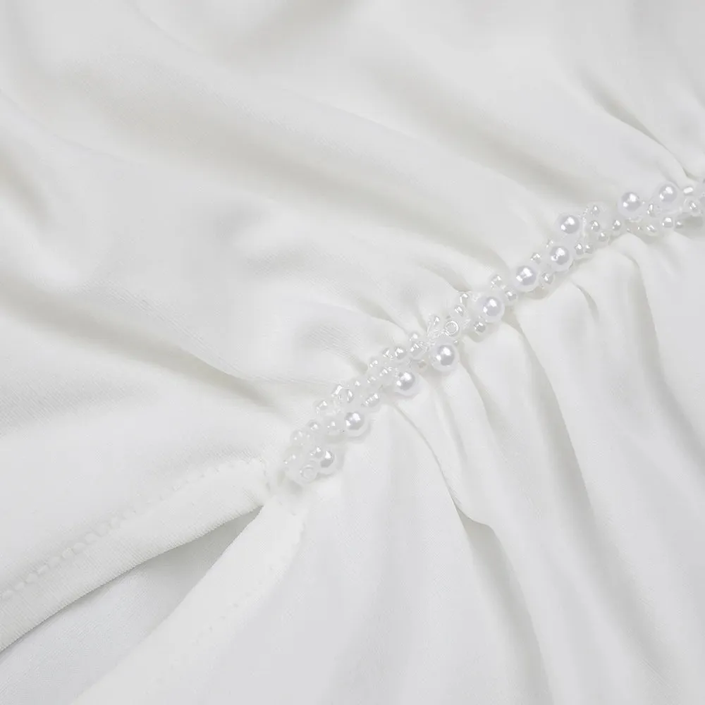Women Celebrity Sexy Single Sleeve Ruched White Pearl Maxi Long Skirt Bandage Set 2024 Elegant Evening Club Party Outfits