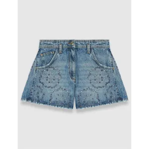 Women Denim Shorts With Rhinestones - Blue