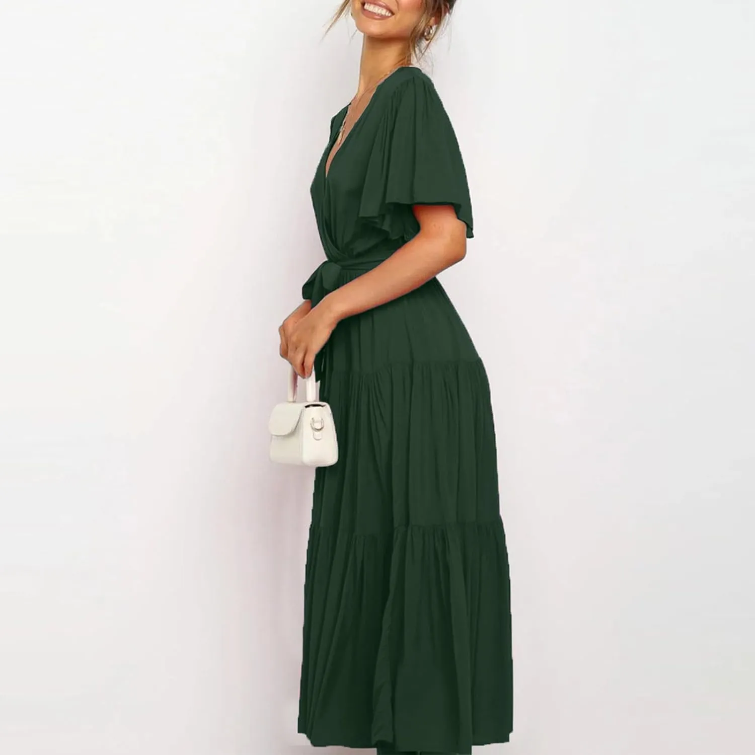 Women Dress Spring Ruffle Dress Short Sleeve V Neck A Line Dresses Empire Waist Wedding Dresses Summer with Belt