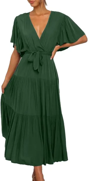Women Dress Spring Ruffle Dress Short Sleeve V Neck A Line Dresses Empire Waist Wedding Dresses Summer with Belt