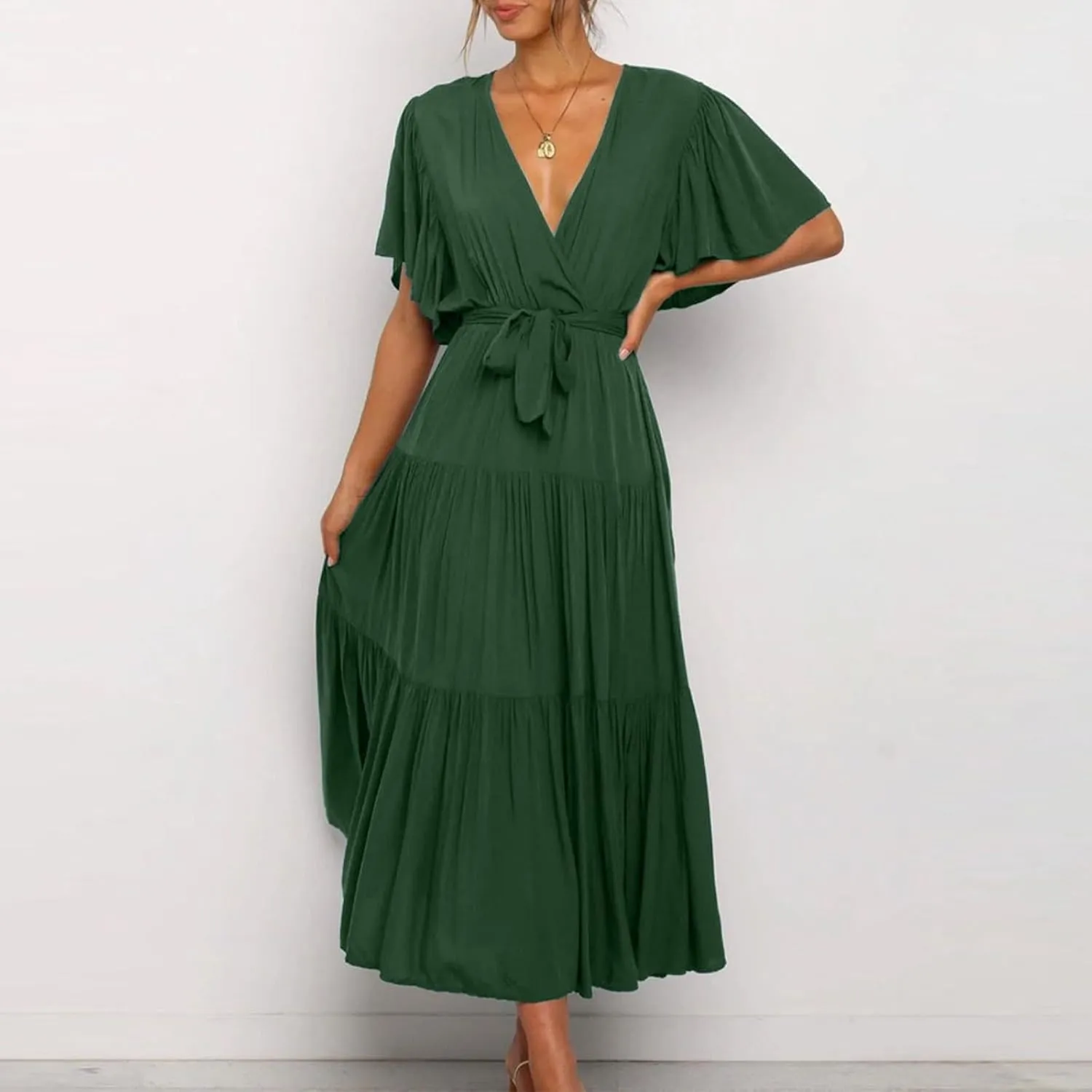Women Dress Spring Ruffle Dress Short Sleeve V Neck A Line Dresses Empire Waist Wedding Dresses Summer with Belt
