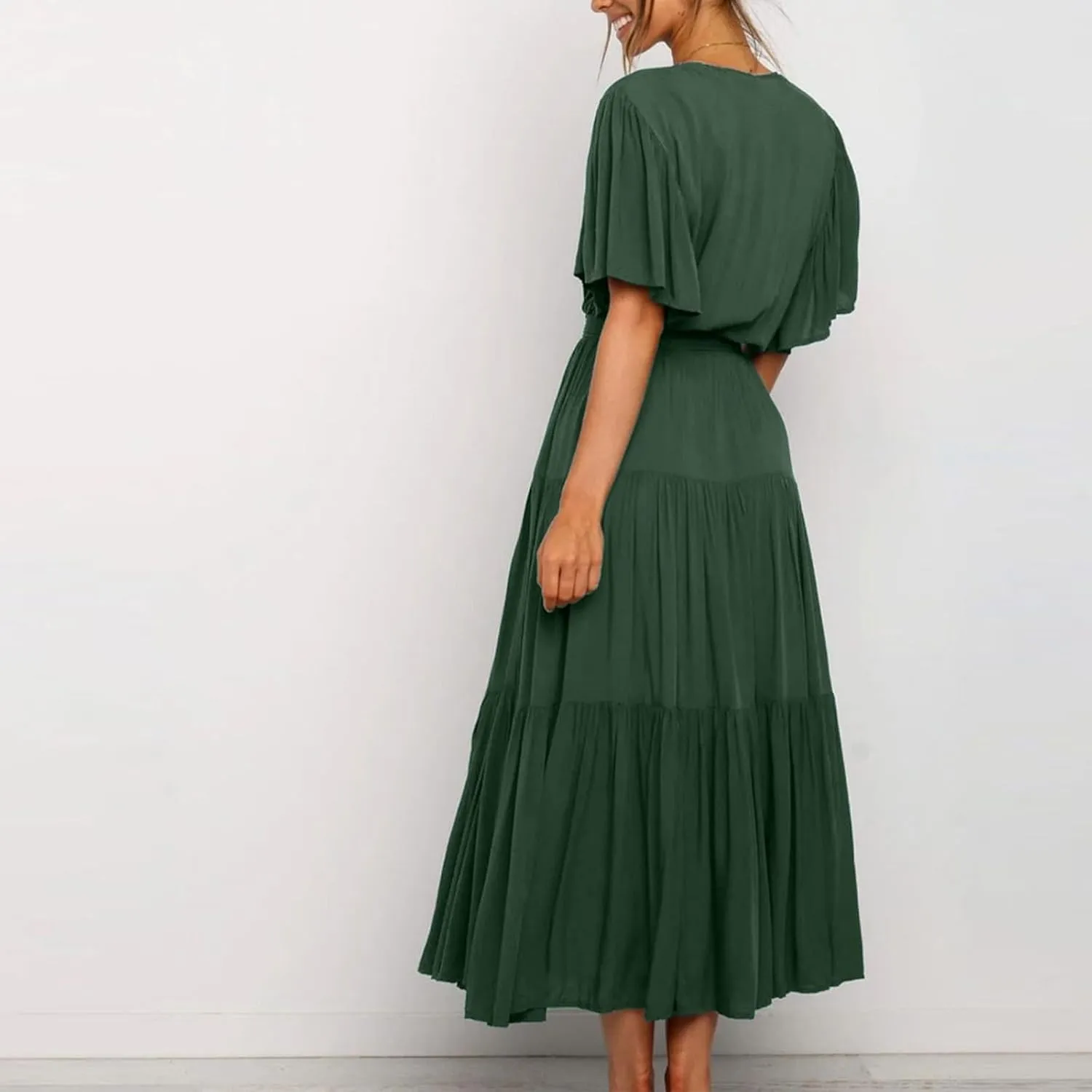 Women Dress Spring Ruffle Dress Short Sleeve V Neck A Line Dresses Empire Waist Wedding Dresses Summer with Belt