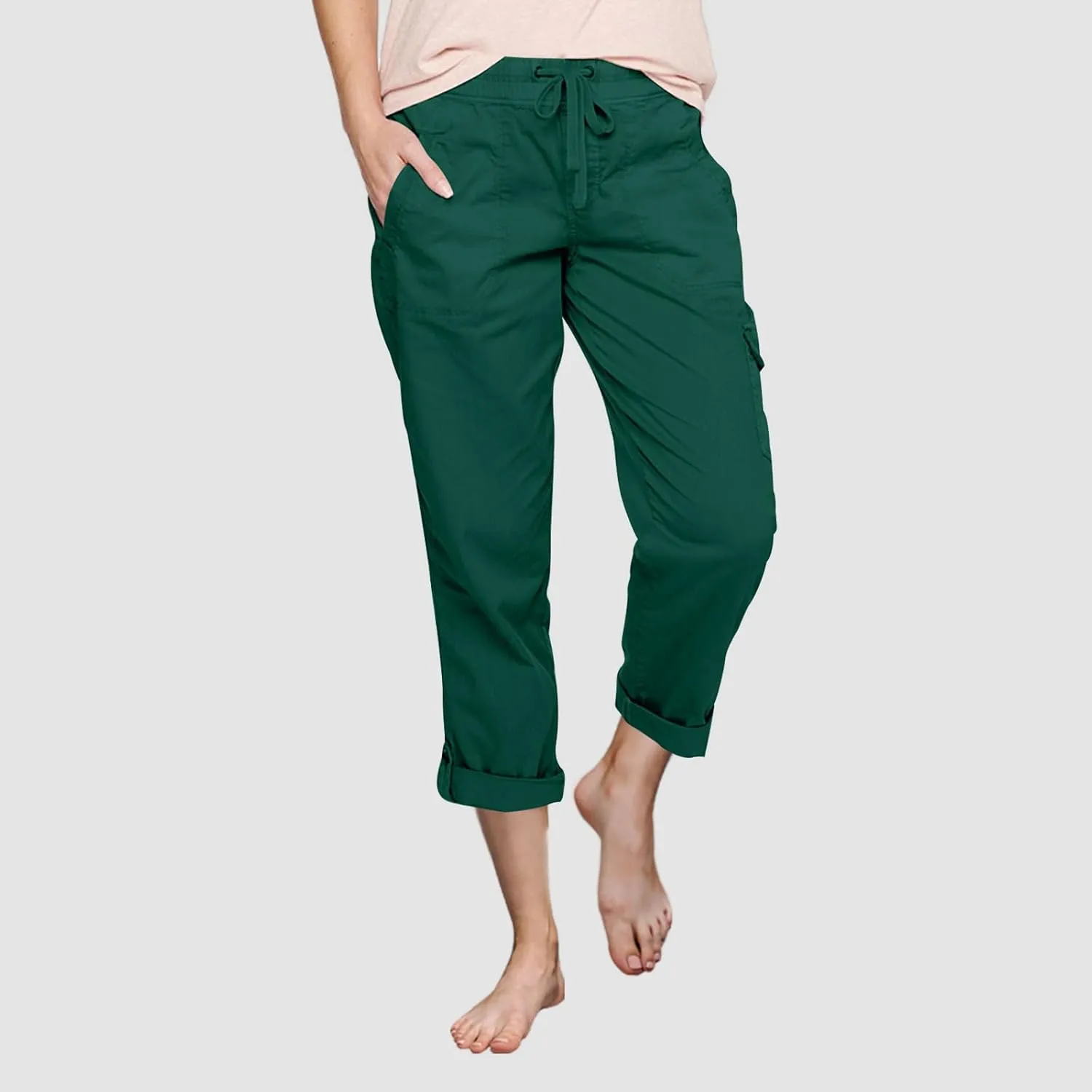 Women Fashion Elastic High Waist Pants with Pockets Trousers Outdoor Casual Sports Loose Cargo Pants