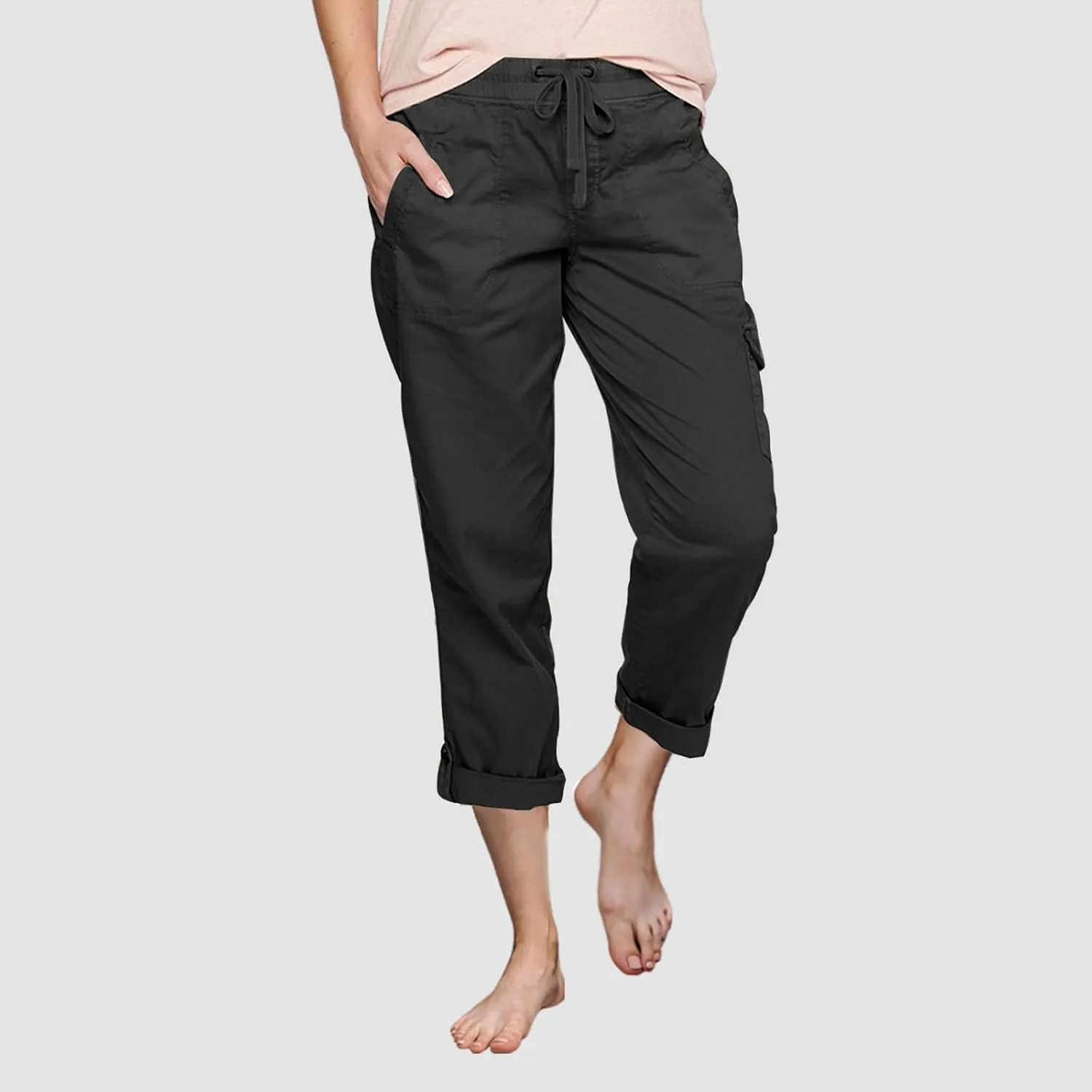 Women Fashion Elastic High Waist Pants with Pockets Trousers Outdoor Casual Sports Loose Cargo Pants