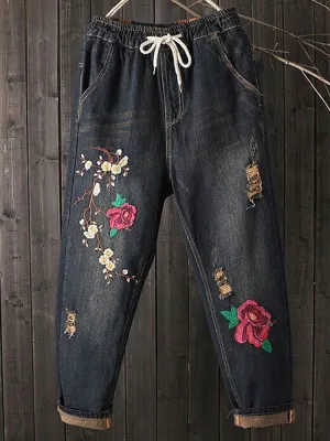 Women Floral Embroidery Harem Jeans