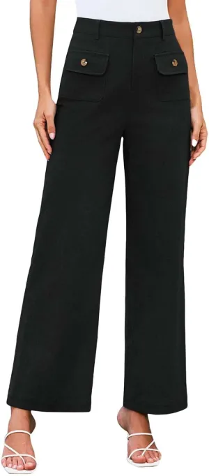 Women High Waist Wide Leg Pants Stretchy Solid Color Tummy Control Trousers Business Work Casual Pants with Pockets