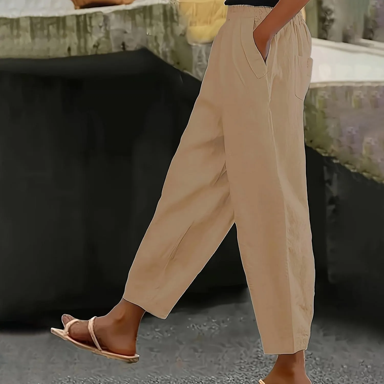 Women High Waisted Wide Leg Pants Fashion Drawstring Elastic Trousers Comfy Straight Leg Long Pants with Pockets