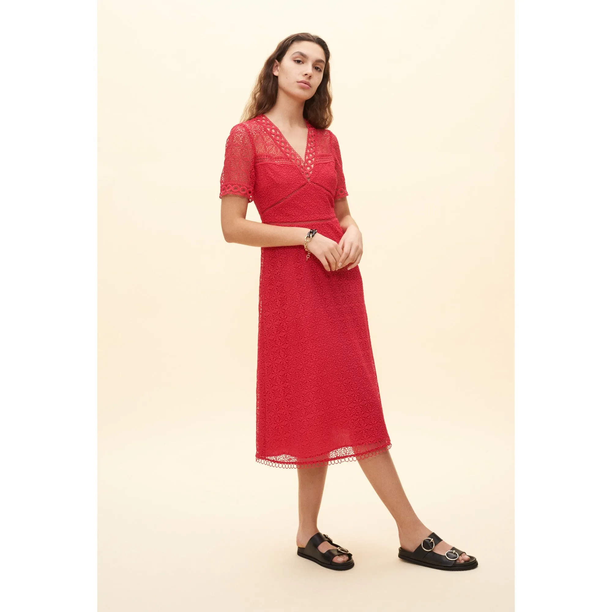 Women Long Dress With Red Lace Pattern - Fuchsia