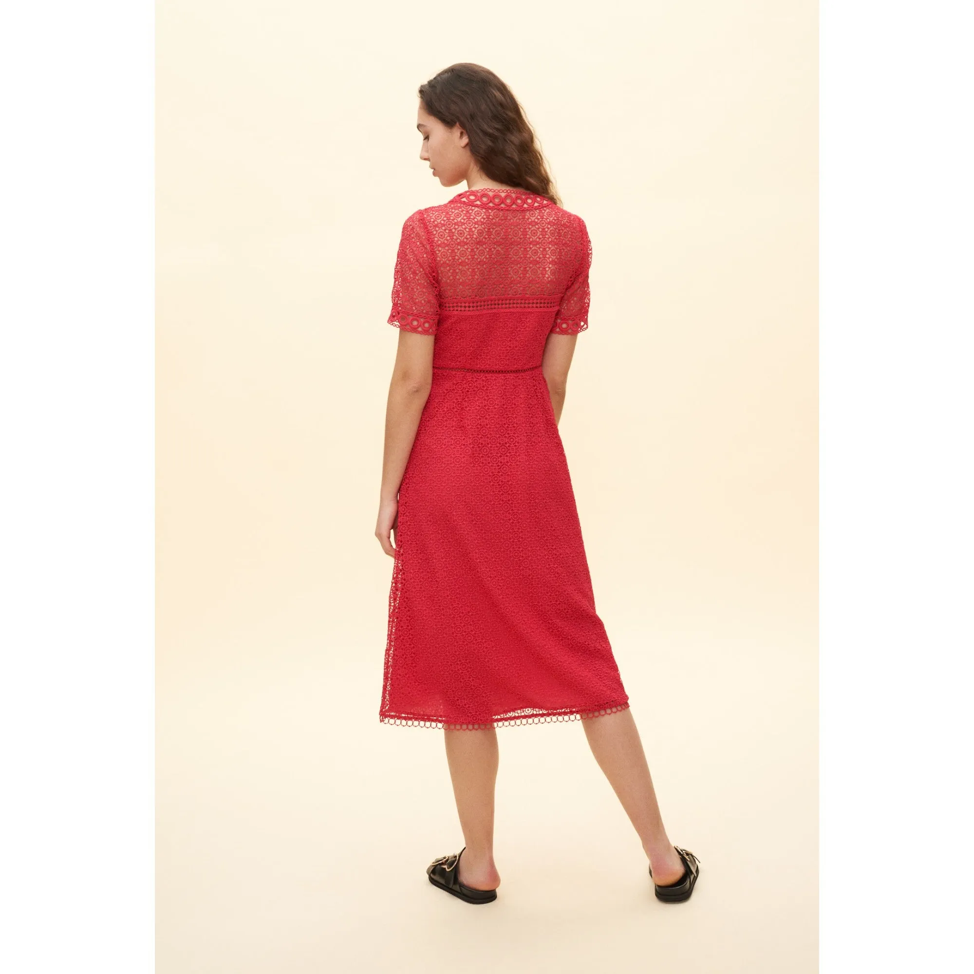 Women Long Dress With Red Lace Pattern - Fuchsia