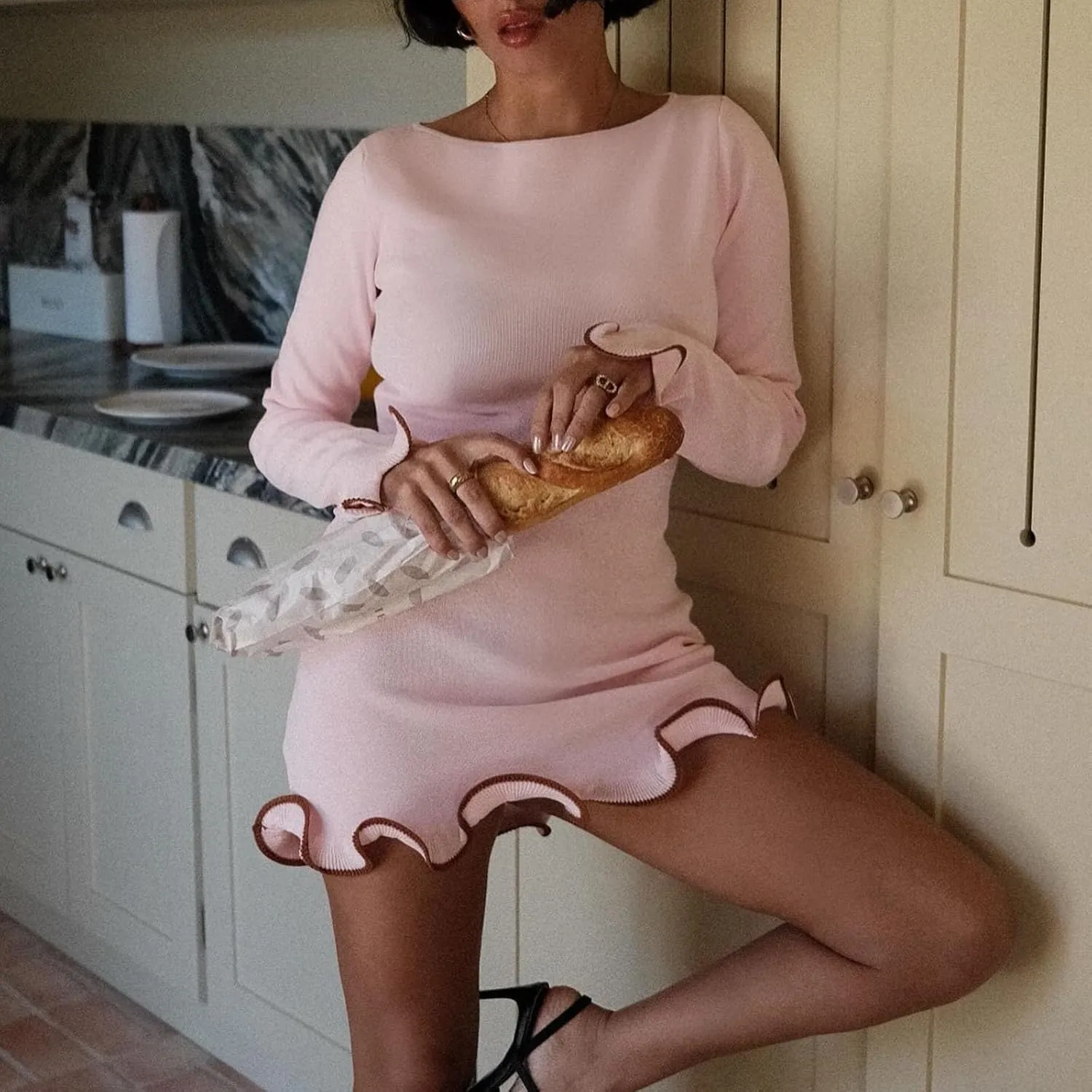 Women Long Sleeve Knit Mini Dress Ruffle Hem Bodycon Sweater Dress Fall Casual Ribbed Tunic Dress