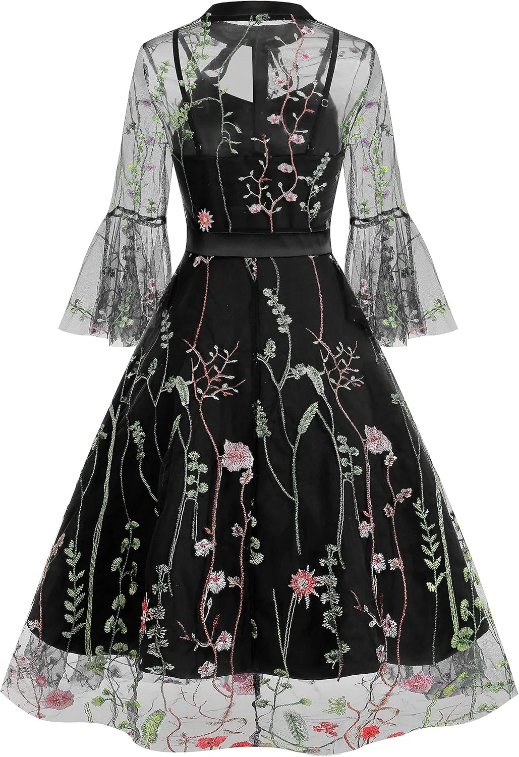 Women Mesh Floral Embroidery Vintage Cocktail Swing Dress Illusion 50s Goth Flared A line Casual Wedding Prom Evening Dress