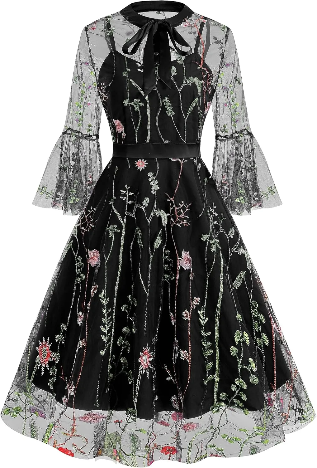 Women Mesh Floral Embroidery Vintage Cocktail Swing Dress Illusion 50s Goth Flared A line Casual Wedding Prom Evening Dress