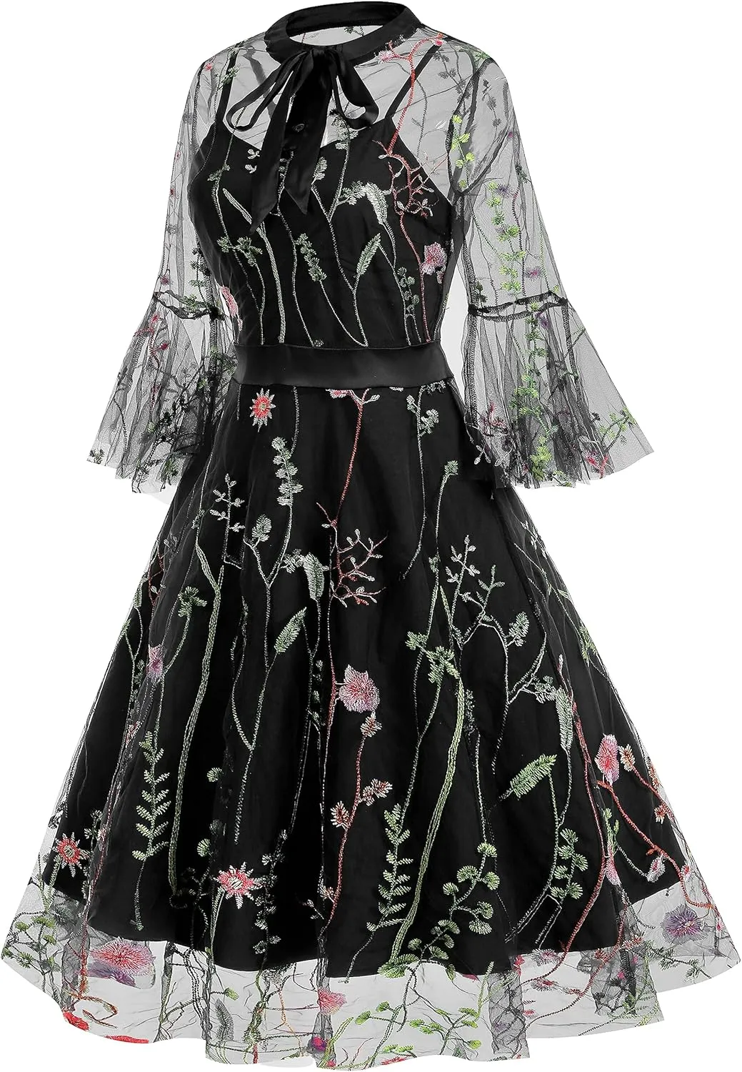 Women Mesh Floral Embroidery Vintage Cocktail Swing Dress Illusion 50s Goth Flared A line Casual Wedding Prom Evening Dress