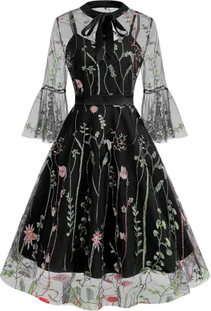 Women Mesh Floral Embroidery Vintage Cocktail Swing Dress Illusion 50s Goth Flared A line Casual Wedding Prom Evening Dress