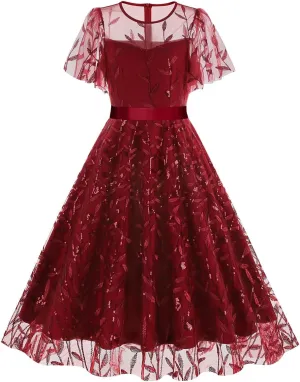 Women Mesh Floral Embroidery Vintage Cocktail Swing Dress Ruffle Sleeve Embroidered Floral Dress for Women Tulle Prom Dress